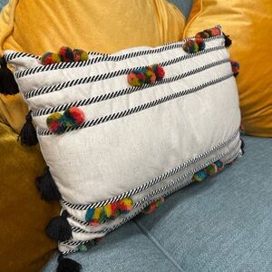 Boho Cream Pom Pom Pillow Cover 18x13 Rectangular Handwoven Tassel Accent